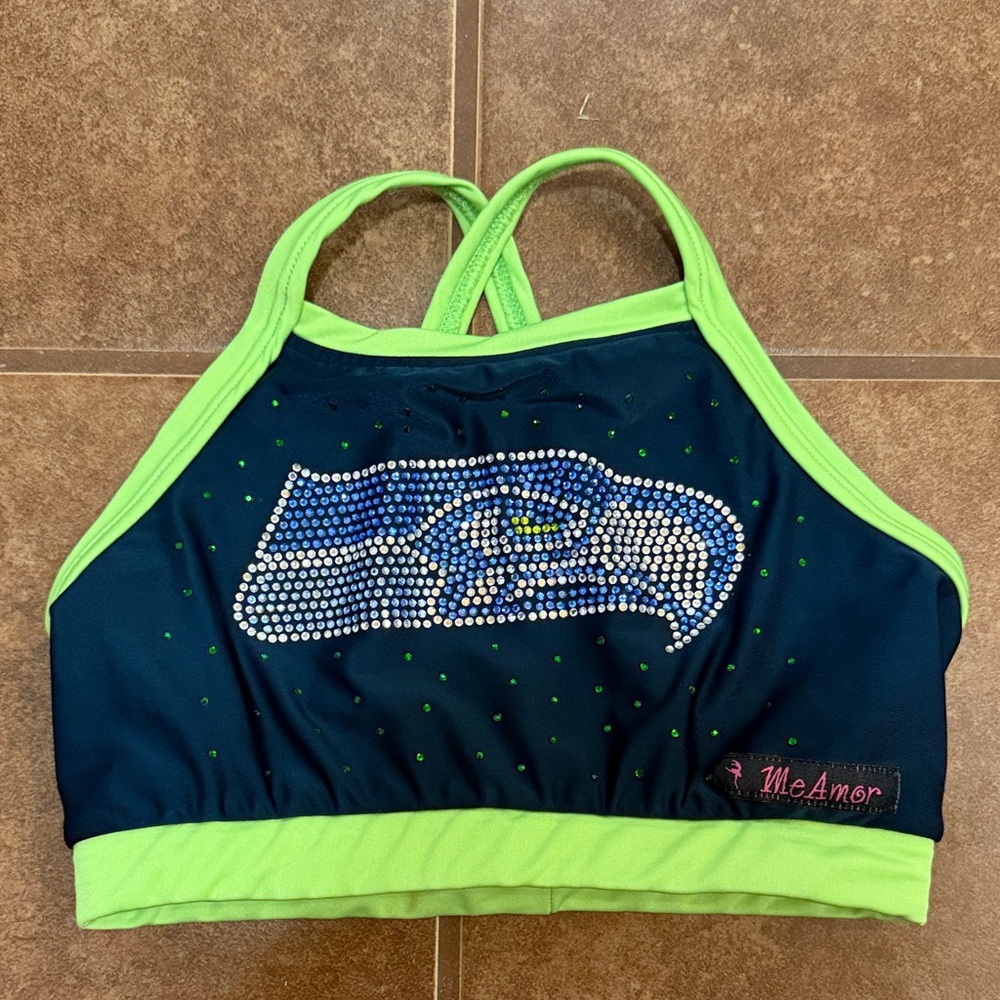 Green and Blue Sports Bra with Rhinestone Logo